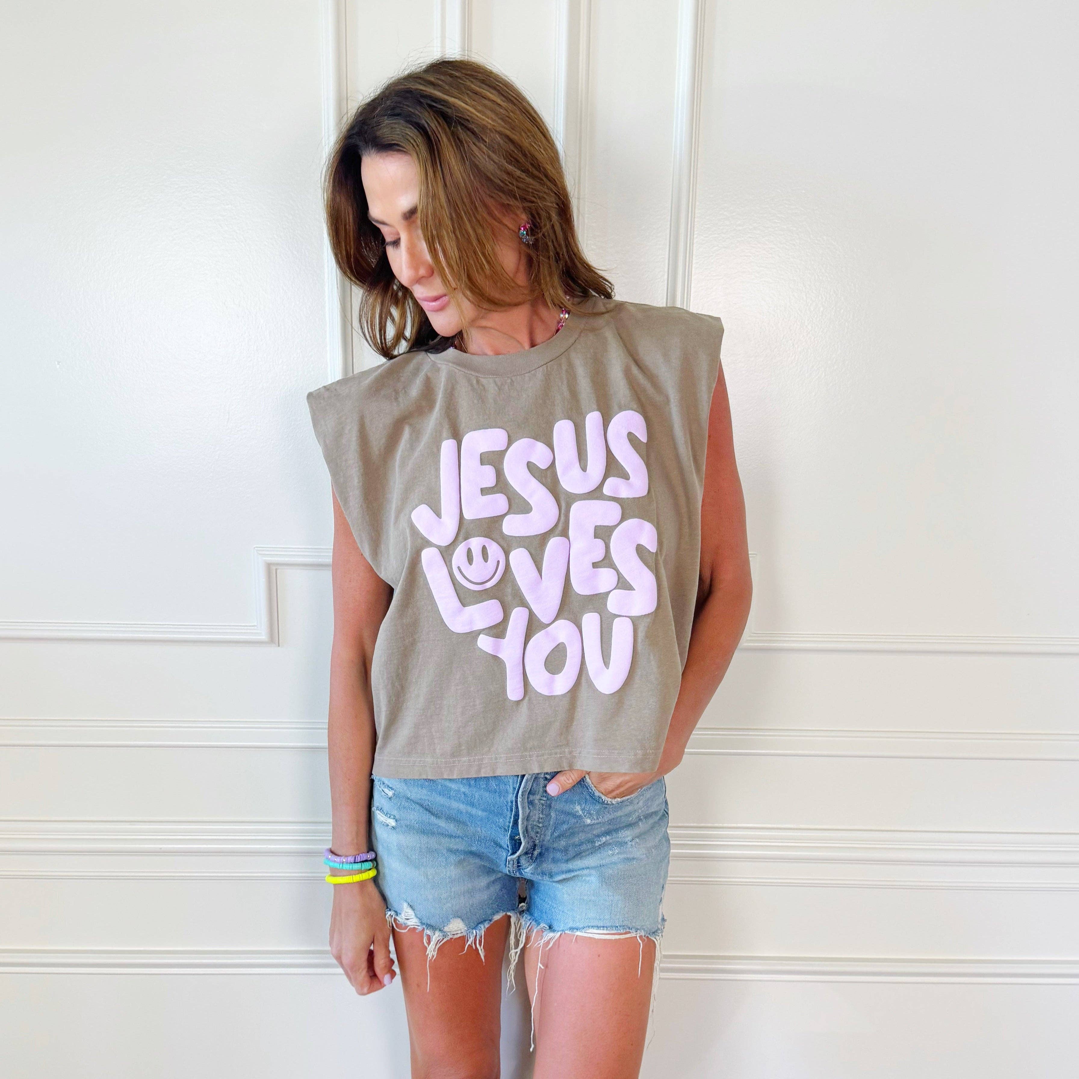 Jesus Loves You Puff Tank - Olive/Purple