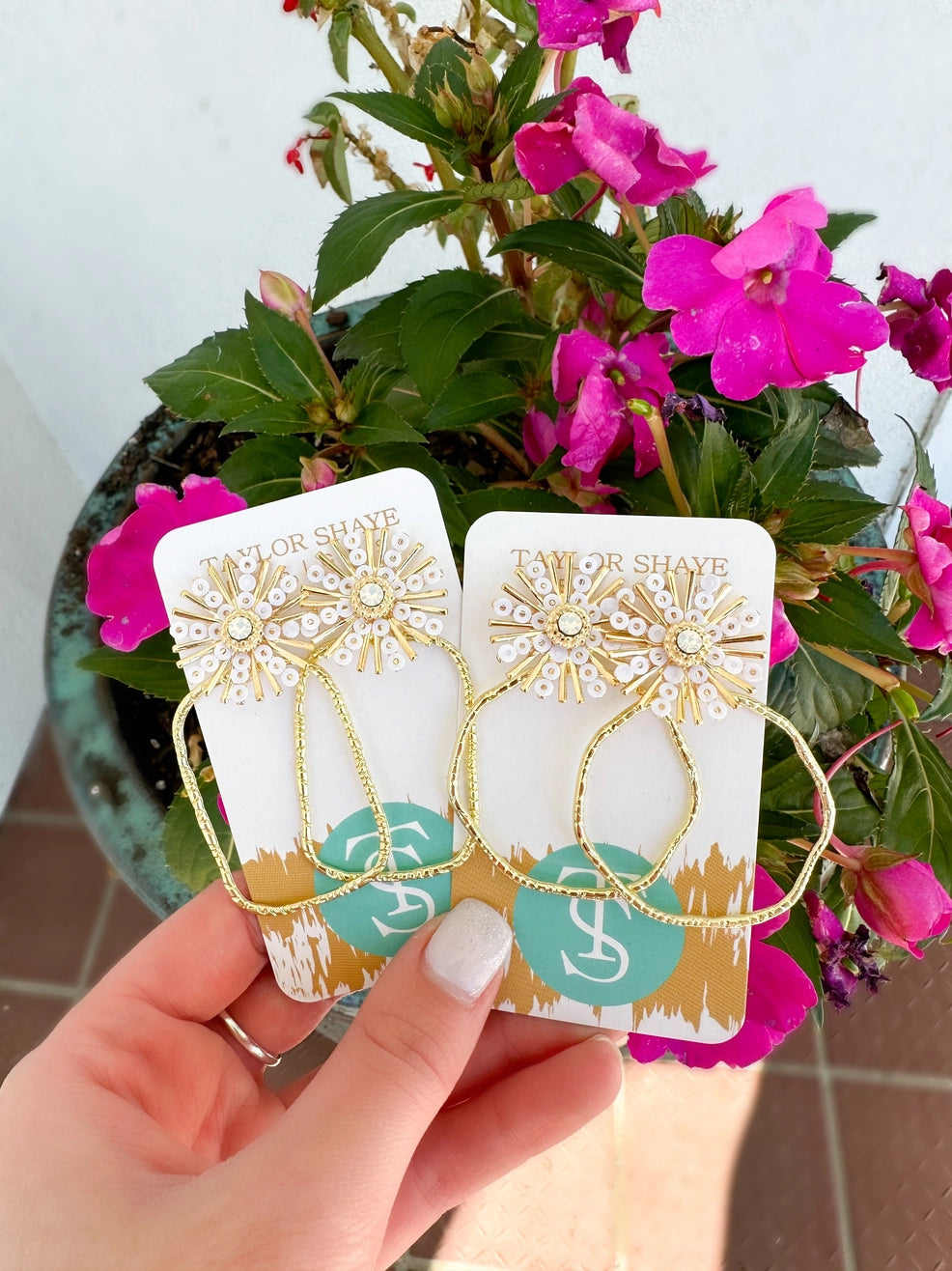 White Sequin Sunburst Hoops - Round