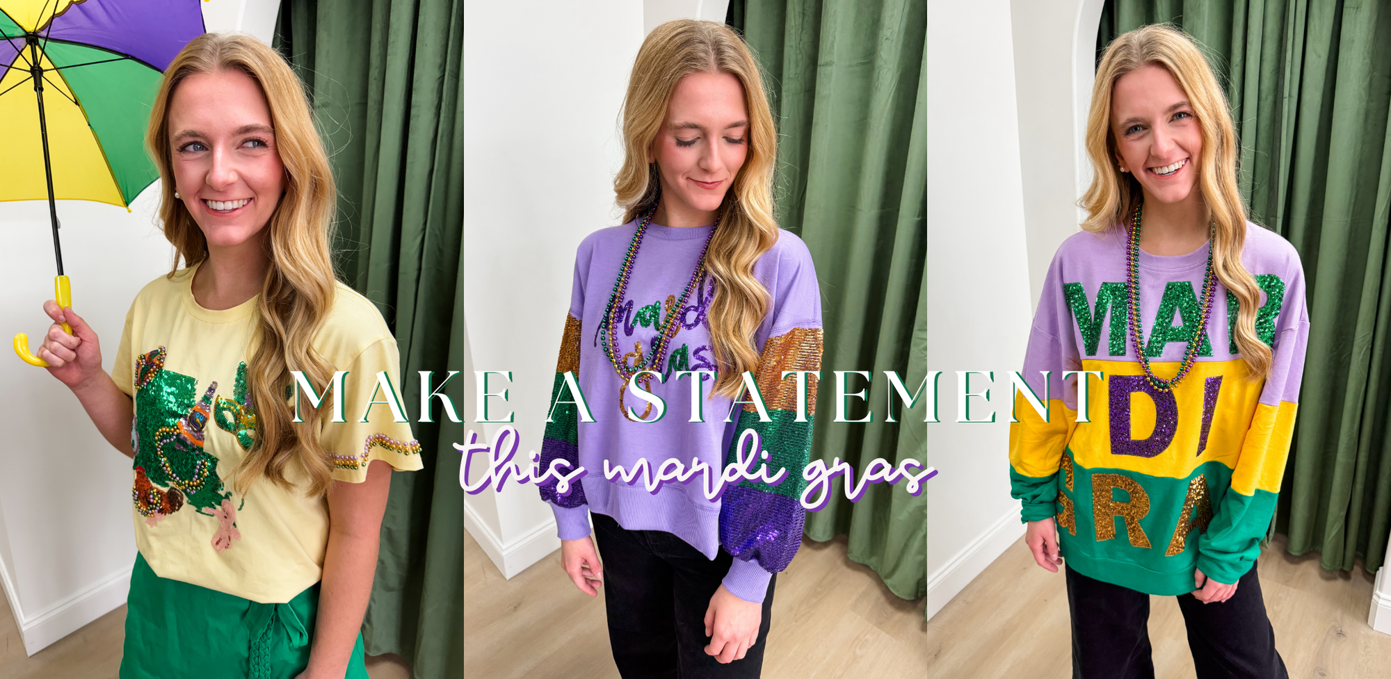 Three images of a person wearing colorful Mardi Gras-themed clothing with text overlay.