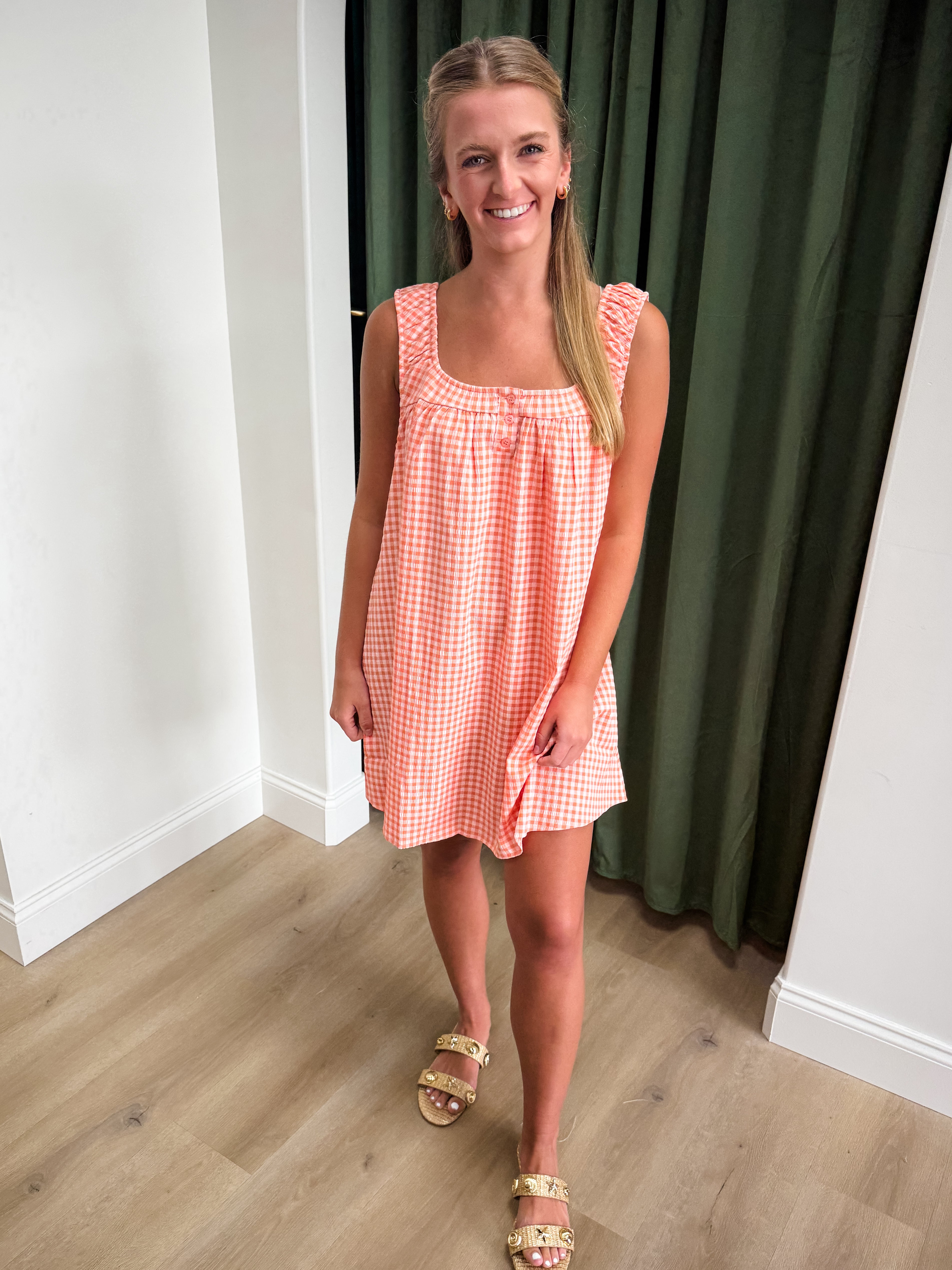 Shell Search Swing Dress - Peach Gingham