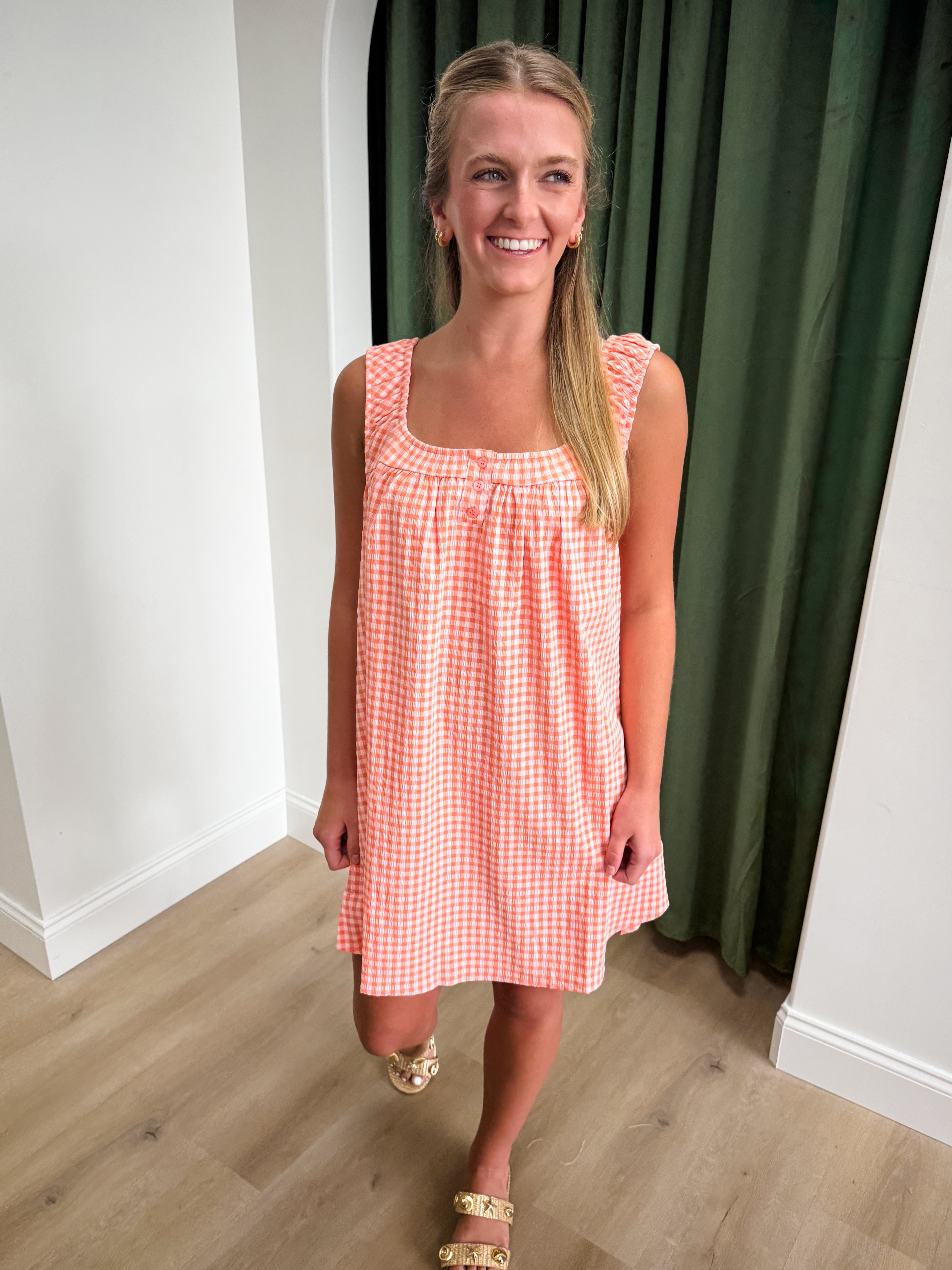 Shell Search Swing Dress - Peach Gingham